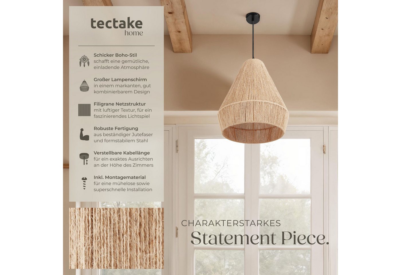 tectake Deckenleuchten Boho Pendelleuchte aus Jute, 40 W, 40,5 x 47 cm, natürliche Jutefaser, Stahlgestell, Inkl. Montagematerial – Bild 2 von 5