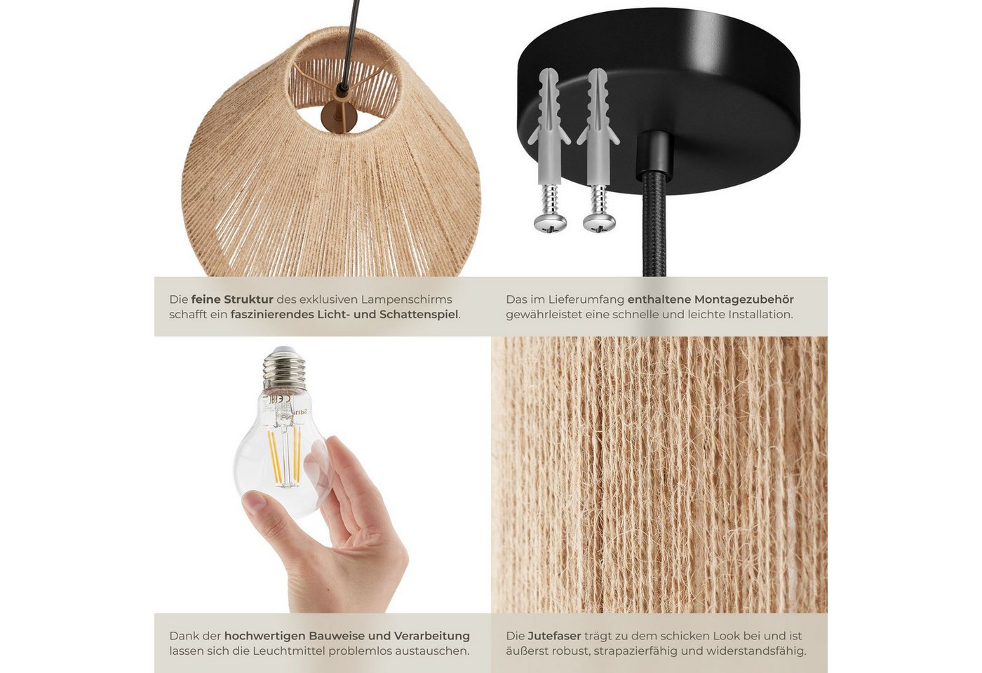 tectake Deckenleuchten Boho Pendelleuchte aus Jute, 40 W, 40,5 x 47 cm, natürliche Jutefaser, Stahlgestell, Inkl. Montagematerial – Bild 4 von 5