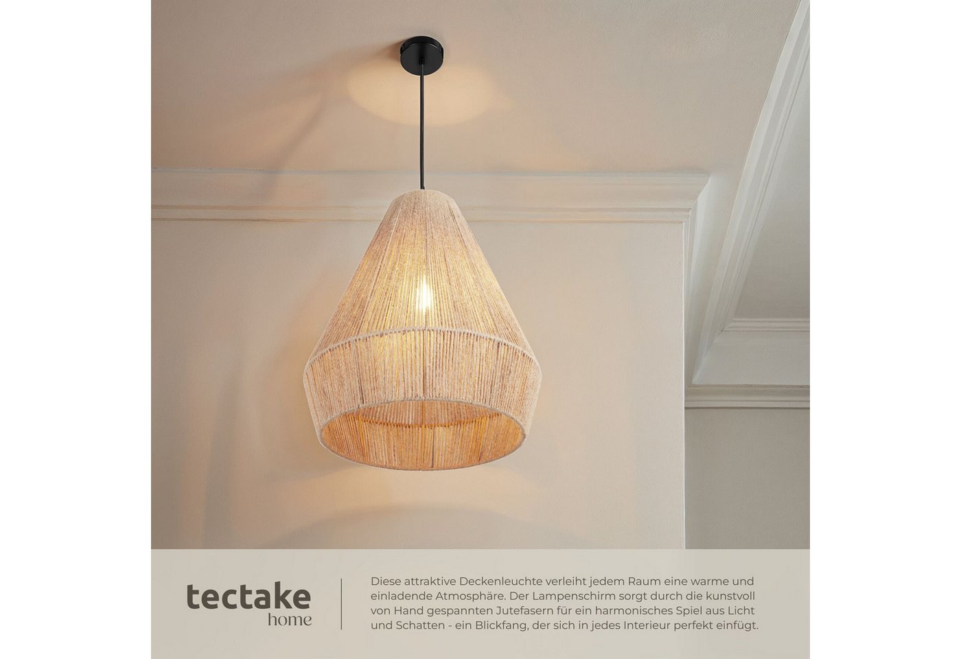 tectake Deckenleuchten Boho Pendelleuchte aus Jute, 40 W, 40,5 x 47 cm, natürliche Jutefaser, Stahlgestell, Inkl. Montagematerial – Bild 5 von 5