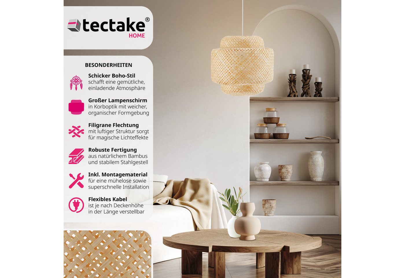 tectake Deckenleuchten Deckenlicht im Boho-Stil mit Stahlgestell, 40 W, 40 x 39 cm, geflochtene Struktur in Korboptik, inkl. Montagematerial – Bild 2 von 5