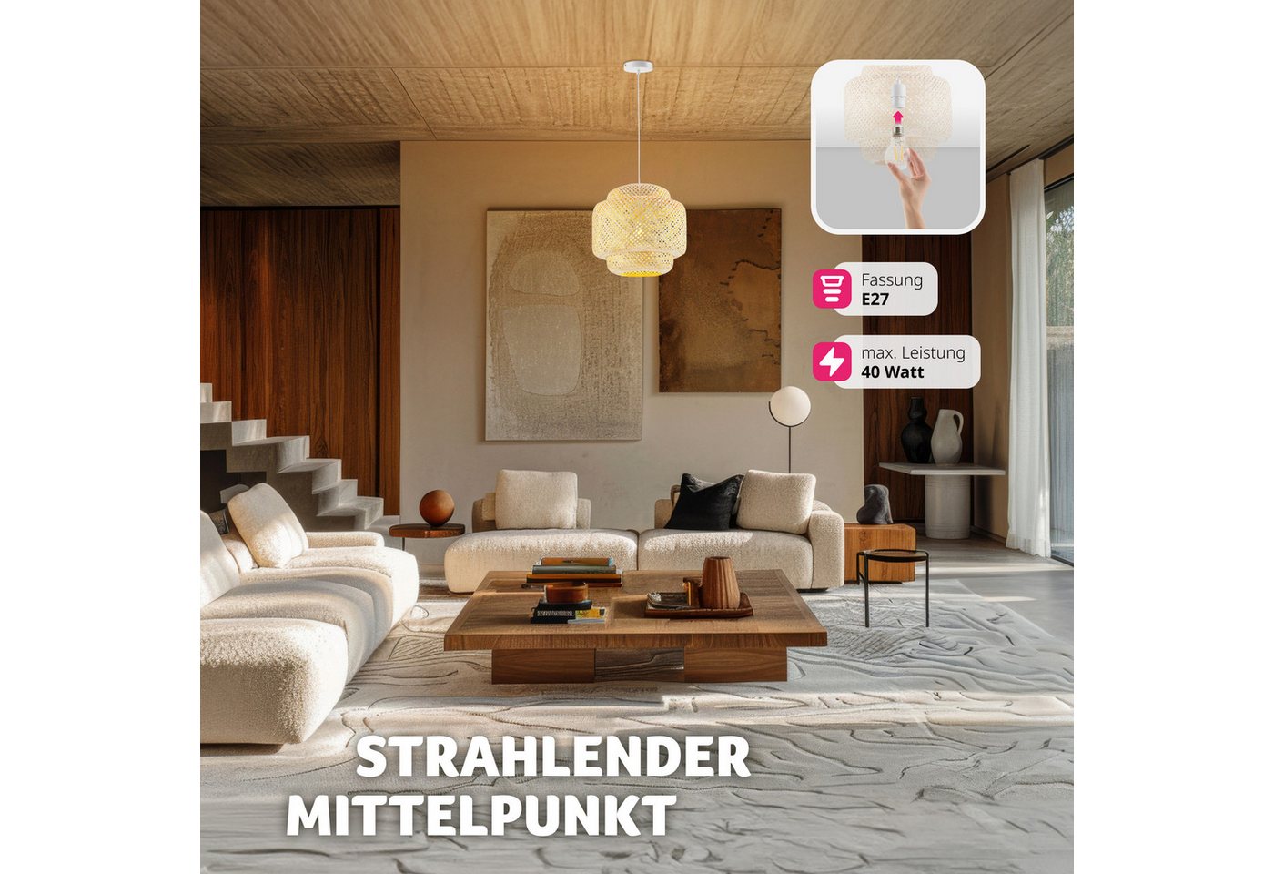 tectake Deckenleuchten Deckenlicht im Boho-Stil mit Stahlgestell, 40 W, 40 x 39 cm, geflochtene Struktur in Korboptik, inkl. Montagematerial – Bild 3 von 5