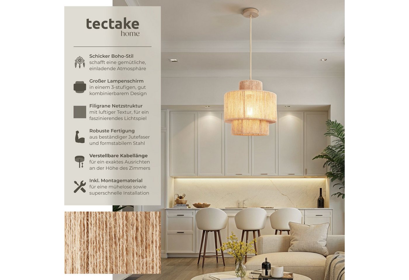 tectake Deckenleuchten Pendelleuchte im Boho-Stil aus Jutefaser, 32 x 33 cm, Wickeltechnik, 40 W, Stahlgestell, inkl. Montagematerial – Bild 2 von 5