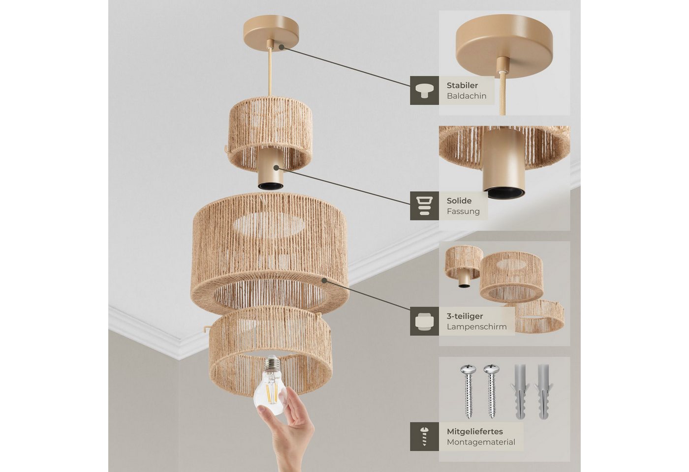 tectake Deckenleuchten Pendelleuchte im Boho-Stil aus Jutefaser, 32 x 33 cm, Wickeltechnik, 40 W, Stahlgestell, inkl. Montagematerial – Bild 3 von 5