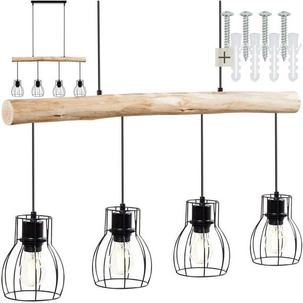 tectake Deckenleuchten Pendelleuchte, 4-flammig, 40 W, Industrial-Style, 82 x 13,5 x 140 cm, 4x E27, massiver Holzbalken, Gitter-Lampenschirme