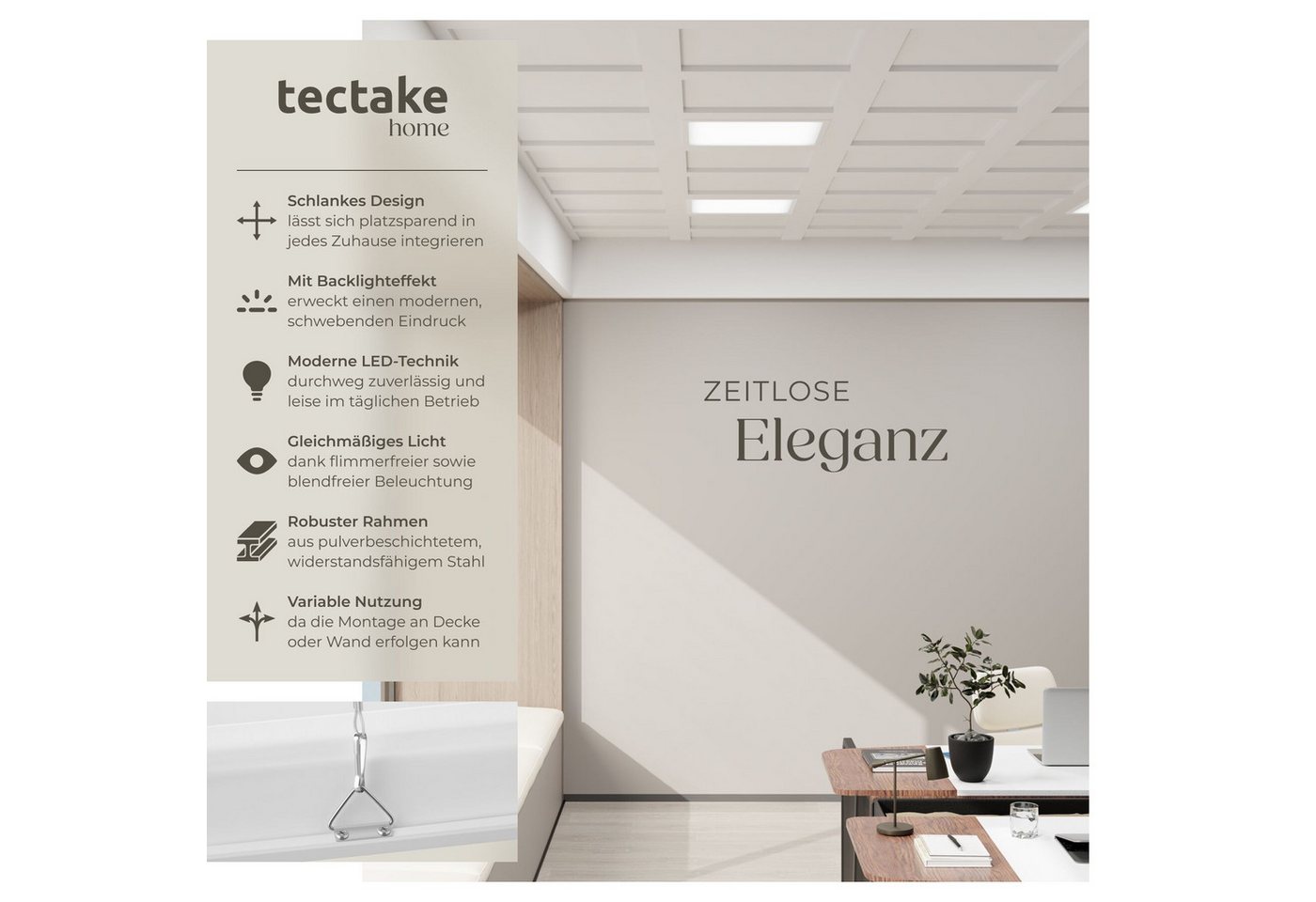 tectake Deckenleuchten Ultraflaches LED-Panel warmweiß für vielseitige Innenbeleuchtung, Blendfrei mit Backlighteffekt, Inkl. Zubehör – Bild 2 von 5