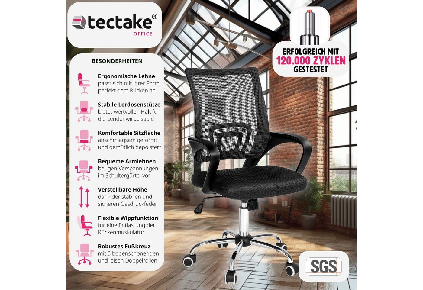 tectake Drehstuhl Bürostuhl, stufenlos höhenverstellbar, geschwungene Armlehnen (Schreibtischstuhl Marius, 1 St), Ergonomische Form mit Lordosenstütze, mit Netz – Bild 2 von 5
