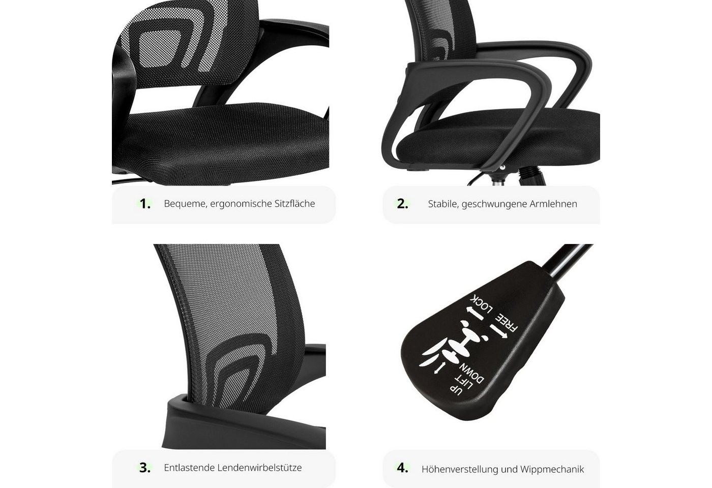 tectake Drehstuhl Bürostuhl, stufenlos höhenverstellbar, geschwungene Armlehnen (Schreibtischstuhl Marius, 1 St), Ergonomische Form mit Lordosenstütze, mit Netz – Bild 3 von 5