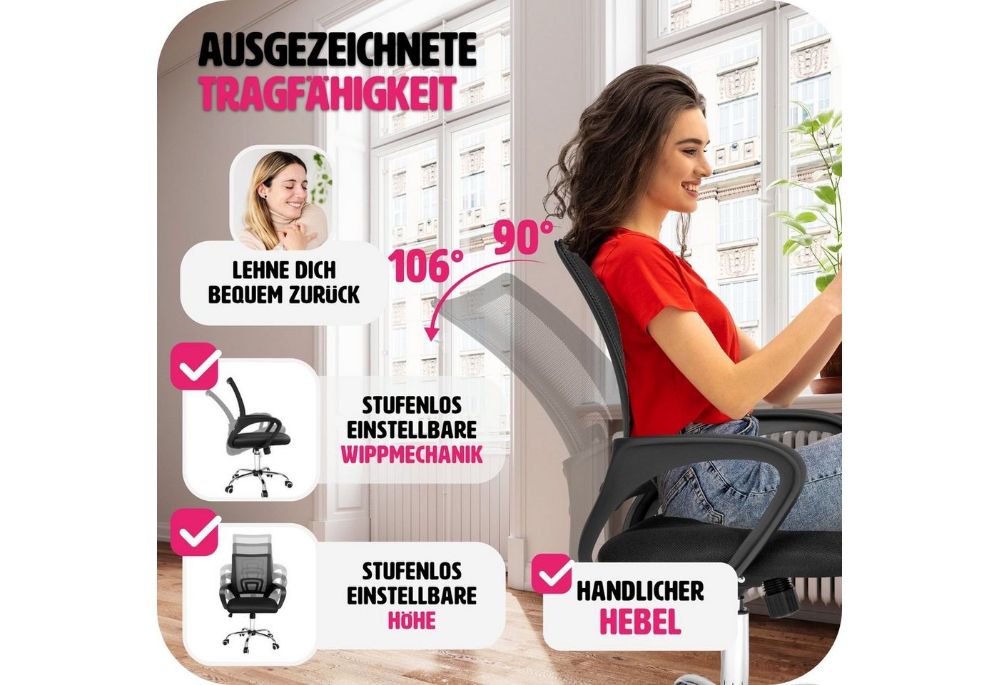 tectake Drehstuhl Bürostuhl, stufenlos höhenverstellbar, geschwungene Armlehnen (Schreibtischstuhl Marius, 1 St), Ergonomische Form mit Lordosenstütze, mit Netz – Bild 4 von 5