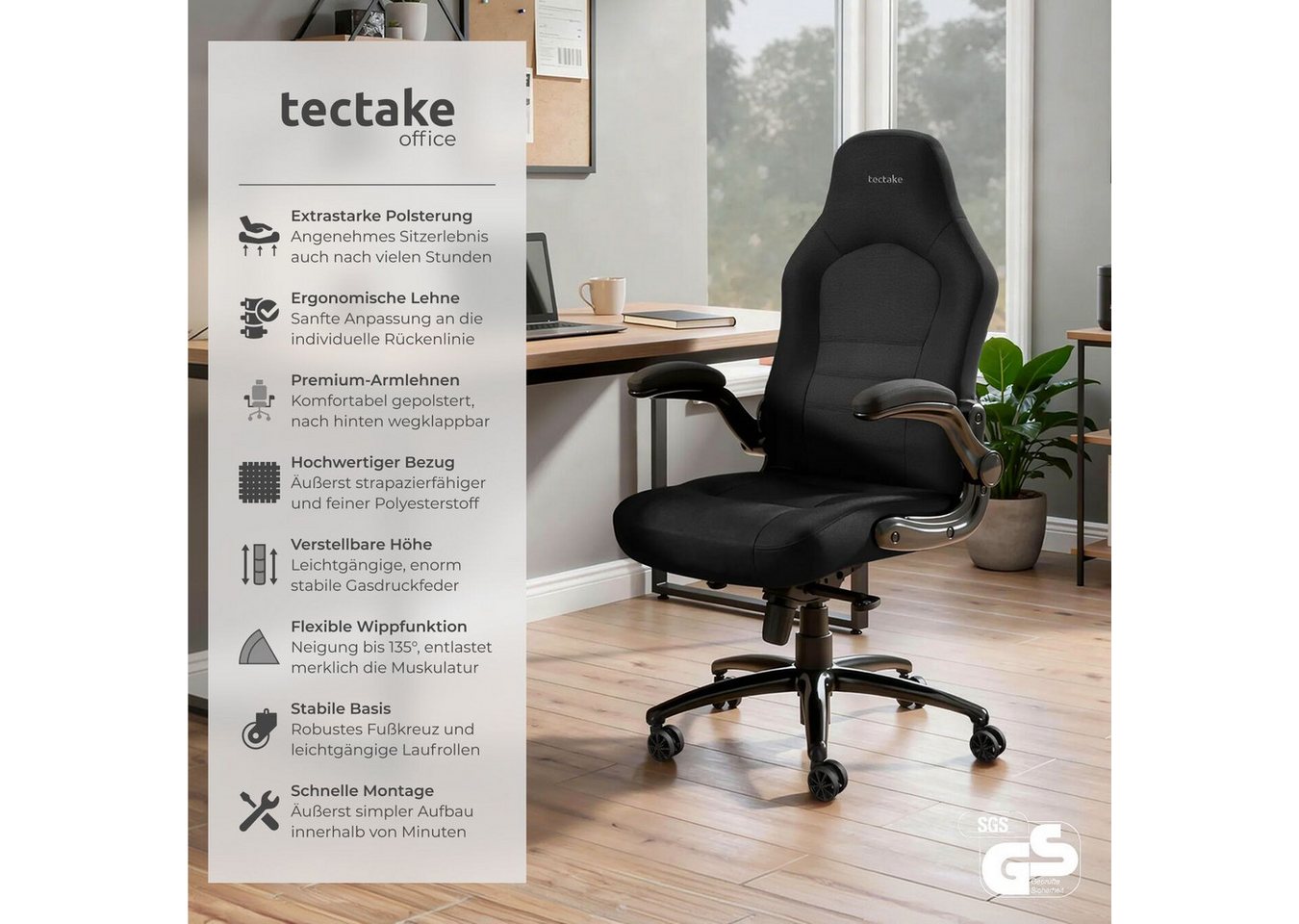 tectake Drehstuhl Bürostuhl, stufenlos höhenverstellbar, ergonomische Form, 360° (Schreibtischstuhl Springsteen, 1 St), Dicke Polsterung, mit Stoffbezug, klappb – Bild 2 von 5