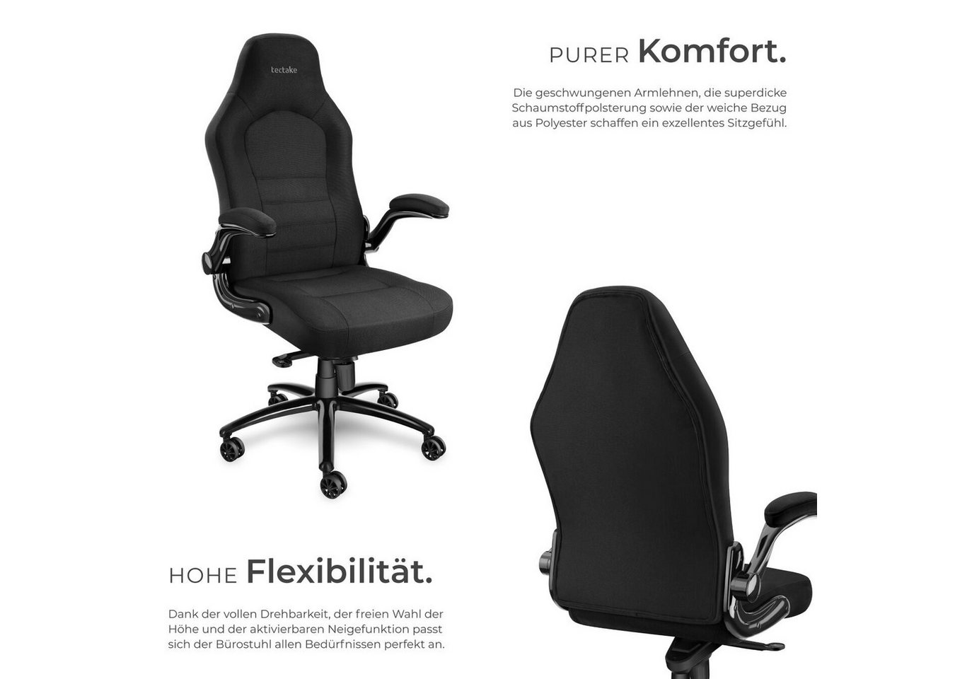 tectake Drehstuhl Bürostuhl, stufenlos höhenverstellbar, ergonomische Form, 360° (Schreibtischstuhl Springsteen, 1 St), Dicke Polsterung, mit Stoffbezug, klappb – Bild 3 von 5