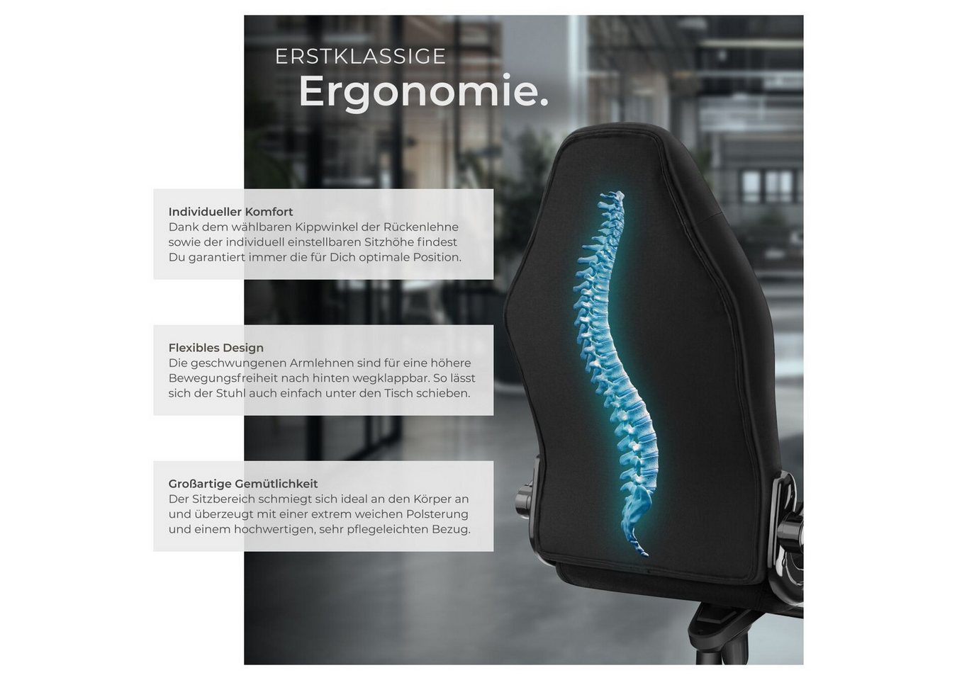 tectake Drehstuhl Bürostuhl, stufenlos höhenverstellbar, ergonomische Form, 360° (Schreibtischstuhl Springsteen, 1 St), Dicke Polsterung, mit Stoffbezug, klappb – Bild 4 von 5