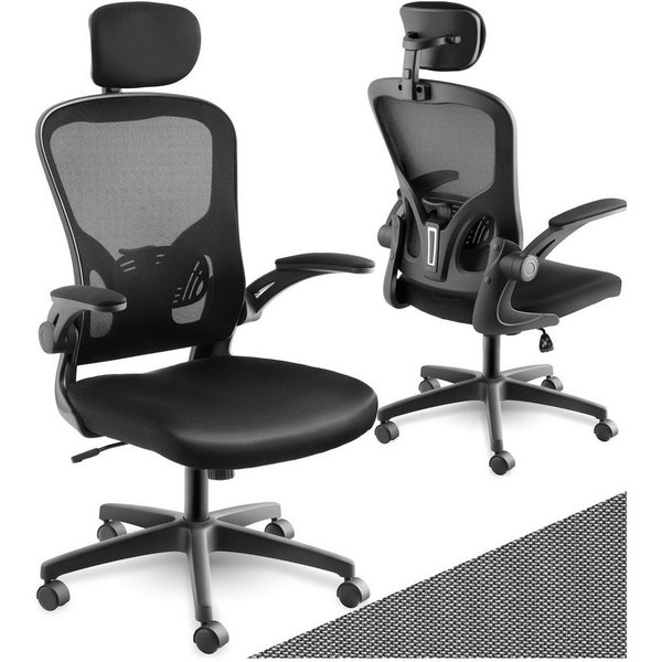 tectake Drehstuhl Ergonomischer Bürostuhl mit Kopfstütze und Lordosenstütze (Schreibtischstuhl Arges, 1 St), Netzbezug, klappbare Armlehnen, Wippfunktion, 150 k