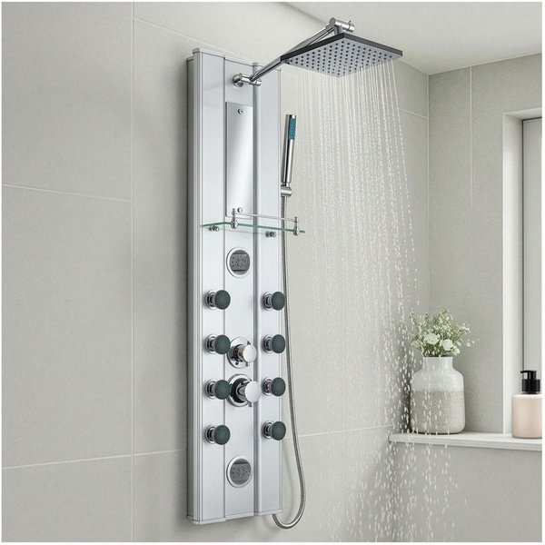 tectake Duscharmatur Aluminium-Duschsystem mit Antikalktechnik, inklusive Regendusche (Duschsäule, in silber) Ausgestattet mit Handbrause, 10 Massagestrahlern u