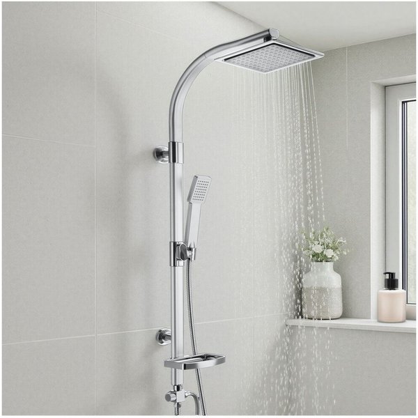 tectake Duscharmatur Aluminium-Duschsystem, Antikalktechnik, inklusive Kugelgelenk (Duschsäule, in grau) Chrom-Optik, zusätzliche Handbrause, Drehknopf, inklusi