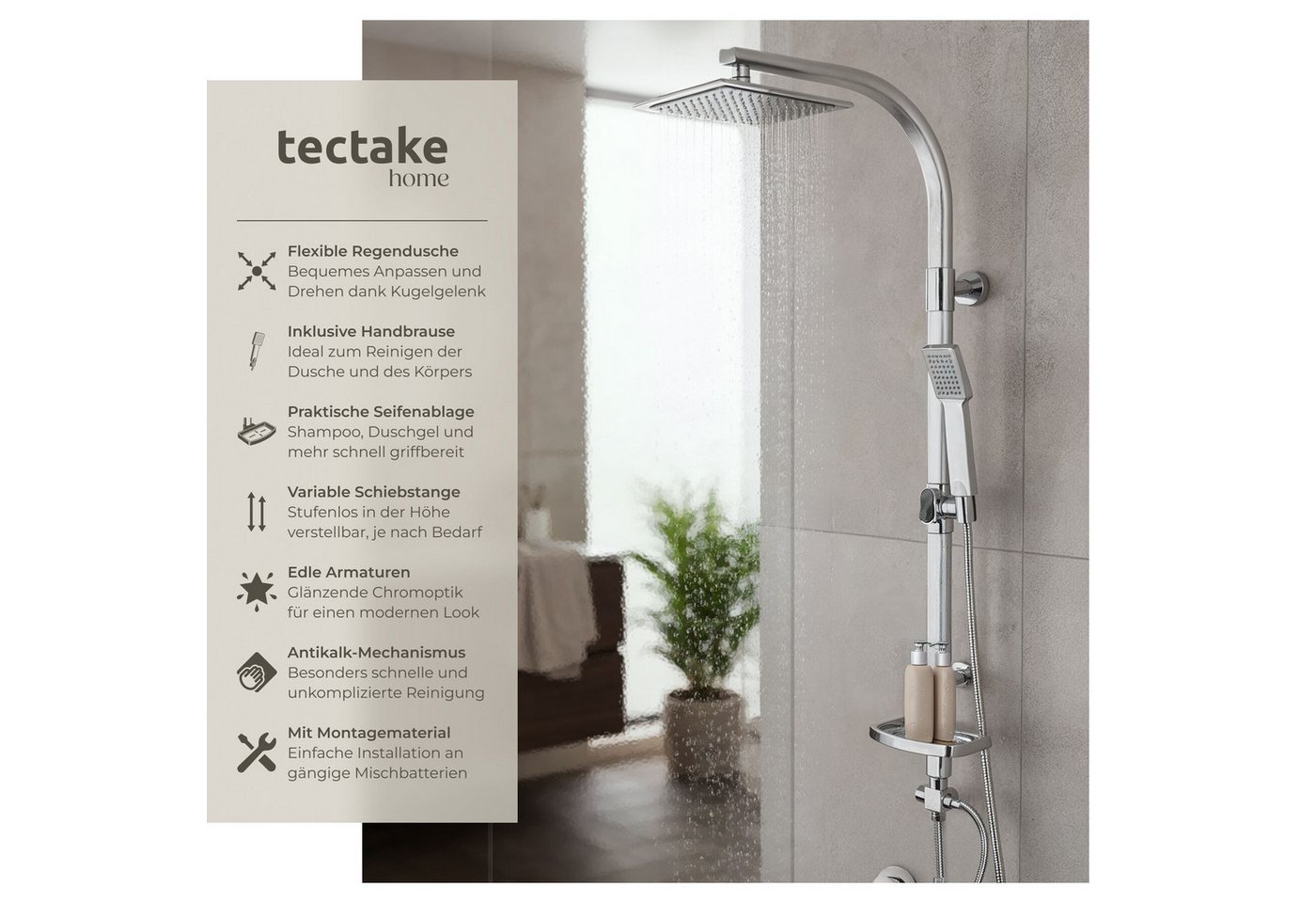 tectake Duscharmatur Aluminium-Duschsystem, Antikalktechnik, inklusive Kugelgelenk (Duschsäule, in grau) Chrom-Optik, zusätzliche Handbrause, Drehknopf, inklusi – Bild 2 von 5