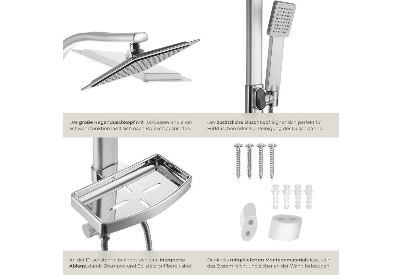 tectake Duscharmatur Aluminium-Duschsystem, Antikalktechnik, inklusive Kugelgelenk (Duschsäule, in grau) Chrom-Optik, zusätzliche Handbrause, Drehknopf, inklusi – Bild 5 von 5