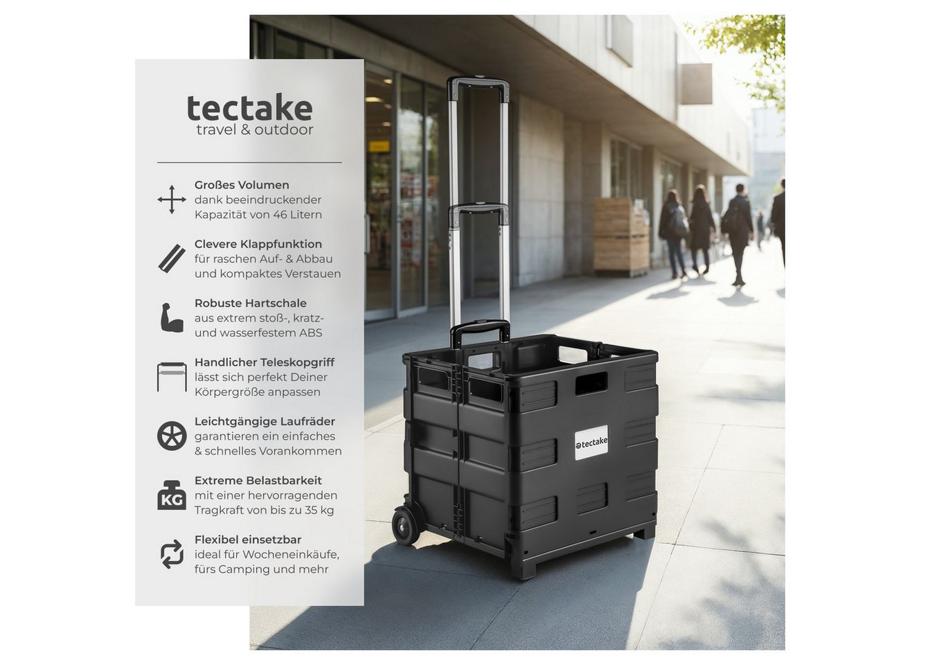 tectake Einkaufstrolley Shopping-Trolley, mit 46 l Fassungsvermögen, lässt sich klappen, Gefertigt aus Hartschale, mit Teleskopgriff, leichtgängige Laufrollen – Bild 2 von 5