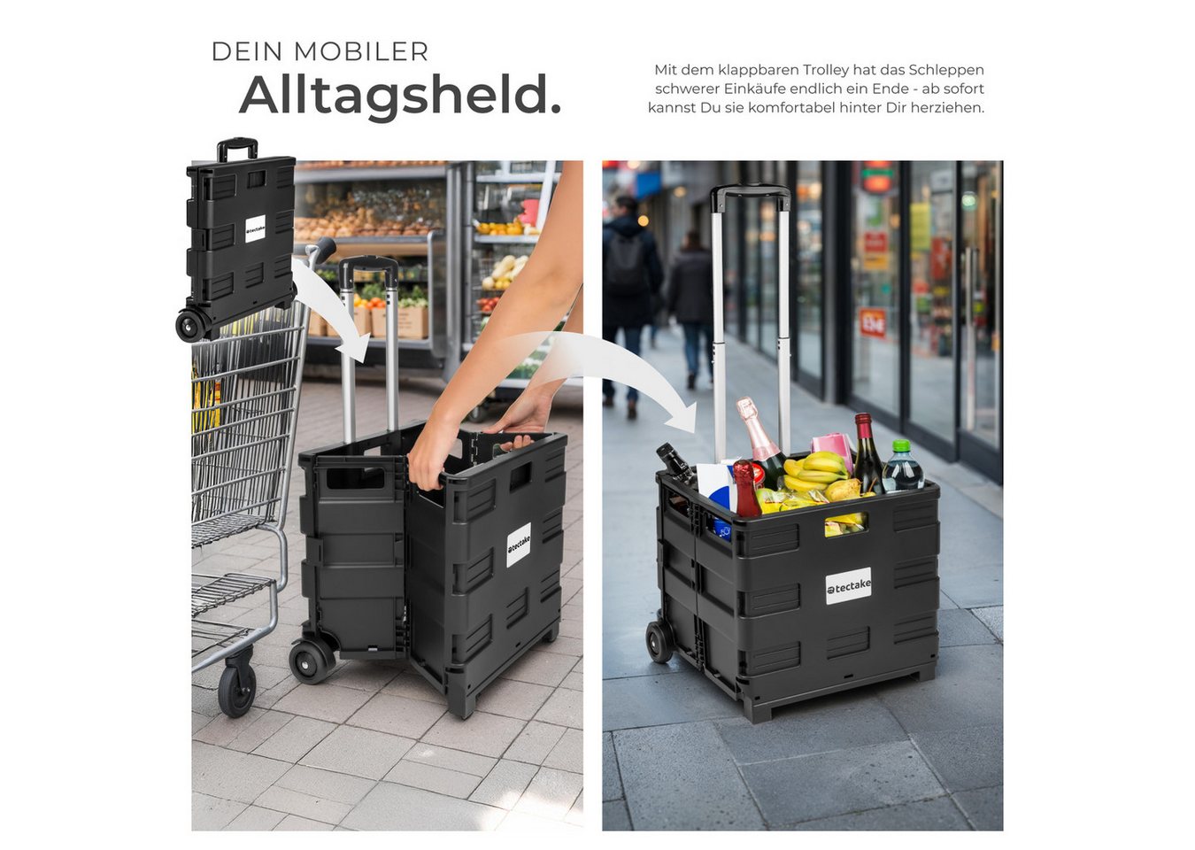 tectake Einkaufstrolley Shopping-Trolley, mit 46 l Fassungsvermögen, lässt sich klappen, Gefertigt aus Hartschale, mit Teleskopgriff, leichtgängige Laufrollen – Bild 4 von 5