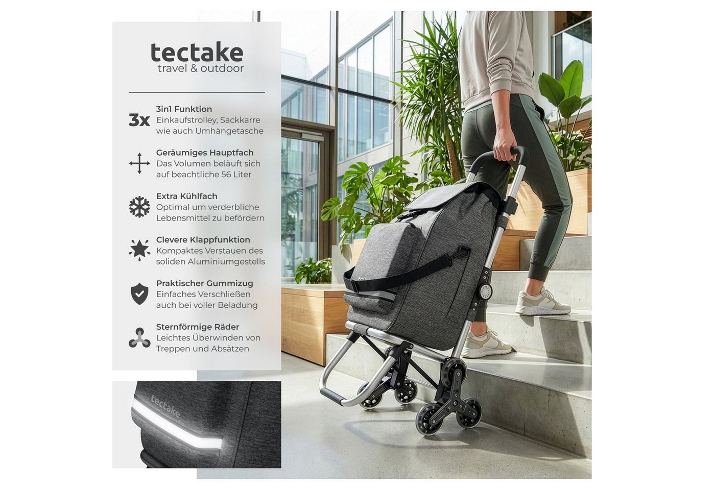 tectake Einkaufstrolley Shopping-Trolley, Kühltasche, leichtgängige Treppensteiger-Räder, 3-in-1, 56 l, längenverstellbarer Gurt, Gummizug & Reflektorstreifen – Bild 2 von 5