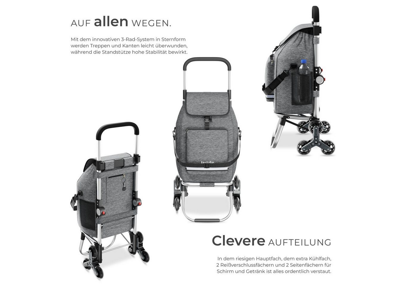 tectake Einkaufstrolley Shopping-Trolley, Kühltasche, leichtgängige Treppensteiger-Räder, 3-in-1, 56 l, längenverstellbarer Gurt, Gummizug & Reflektorstreifen – Bild 3 von 5