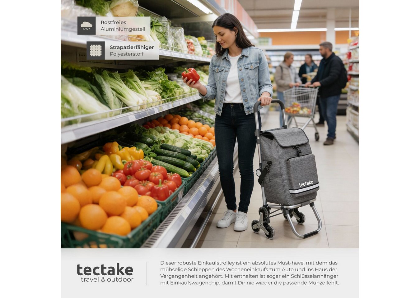 tectake Einkaufstrolley Shopping-Trolley, Kühltasche, leichtgängige Treppensteiger-Räder, 3-in-1, 56 l, längenverstellbarer Gurt, Gummizug & Reflektorstreifen – Bild 4 von 5