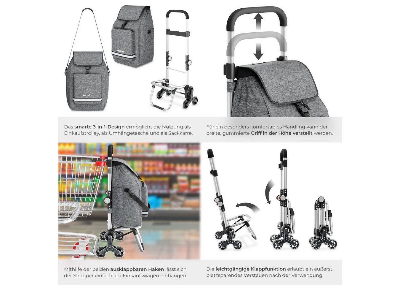 tectake Einkaufstrolley Shopping-Trolley, Kühltasche, leichtgängige Treppensteiger-Räder, 3-in-1, 56 l, längenverstellbarer Gurt, Gummizug & Reflektorstreifen – Bild 5 von 5