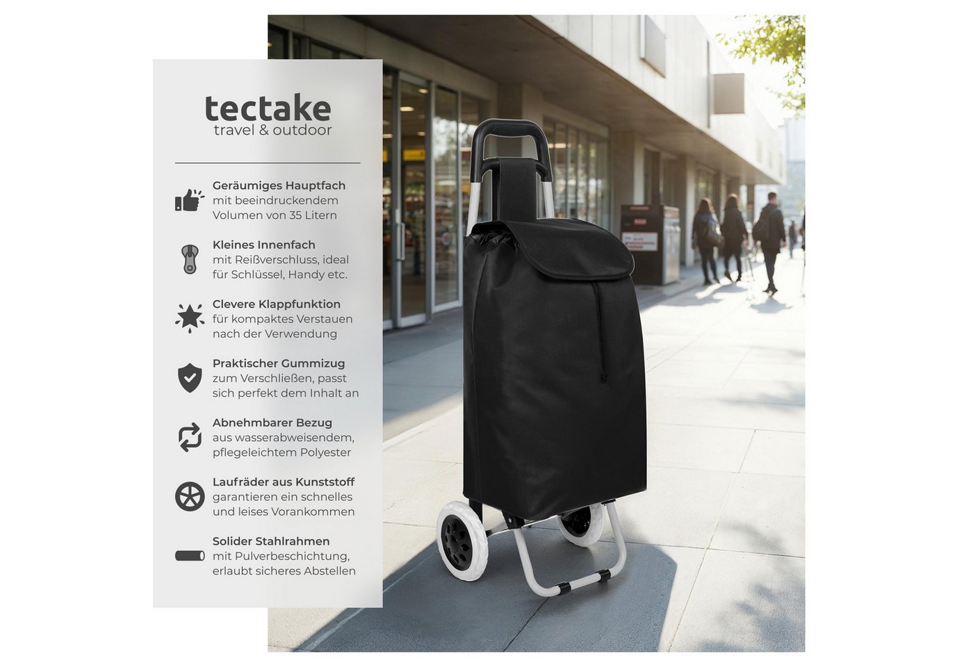 tectake Einkaufstrolley Shopping-Trolley, mit 35 l Fassungsvermögen, lässt sich klappen, Abnehmbarer Bezug, ausgestattet mit Gummizug, leichtgängige Laufräder – Bild 2 von 5