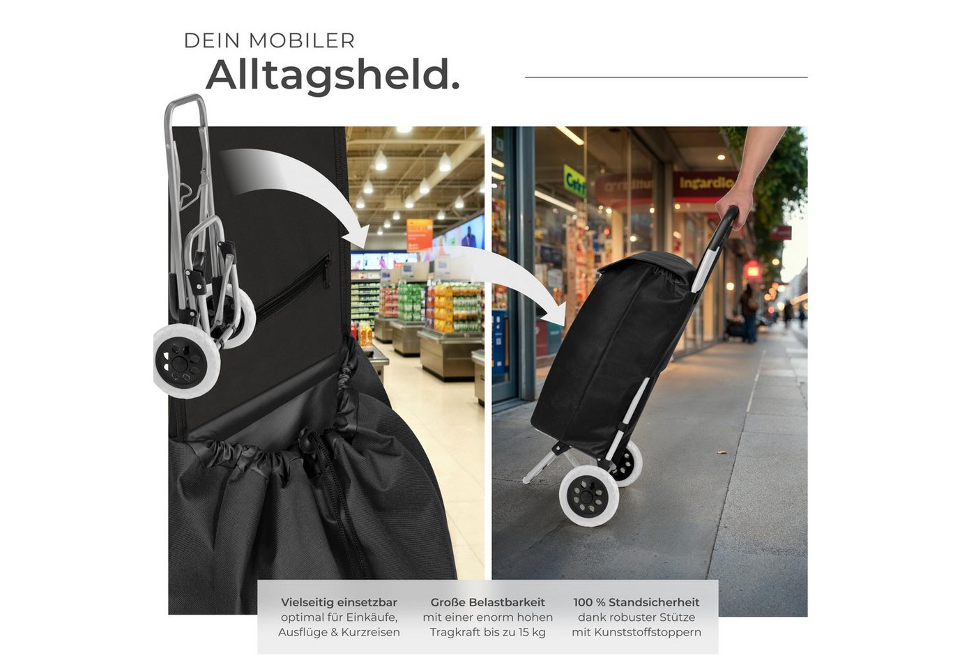 tectake Einkaufstrolley Shopping-Trolley, mit 35 l Fassungsvermögen, lässt sich klappen, Abnehmbarer Bezug, ausgestattet mit Gummizug, leichtgängige Laufräder – Bild 3 von 5