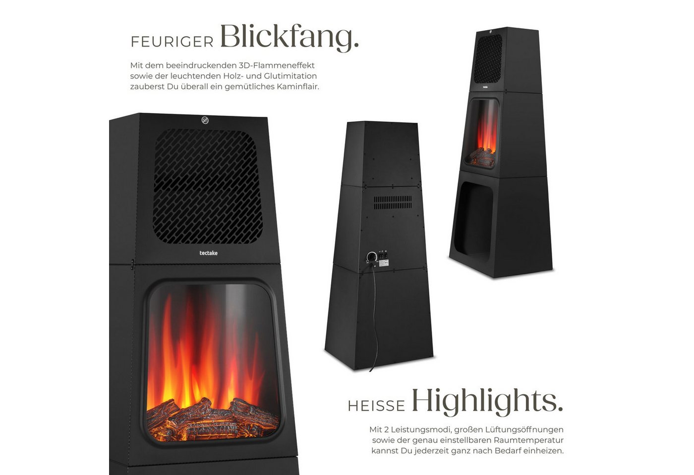 tectake Elektrokamin Standkamin mit Thermostat, 900/1800 W, pulverbeschichteter Stahl, 3D-Flammeneffekt, Holz-/Glutoptik, Kipp- und Überhitzungsschutz – Bild 3 von 5