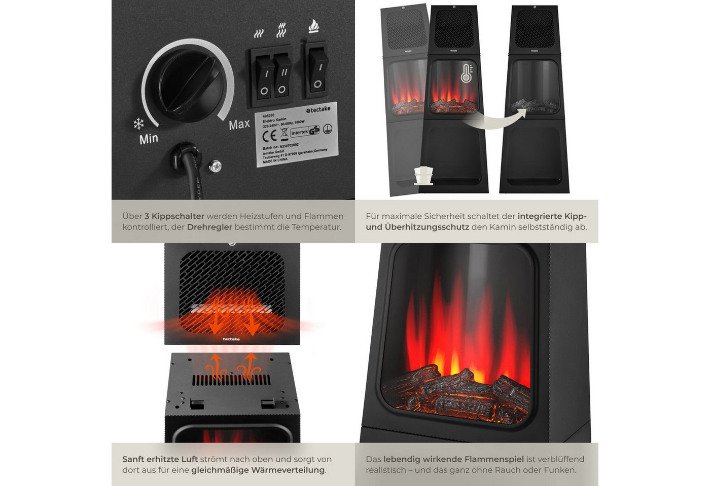 tectake Elektrokamin Standkamin mit Thermostat, 900/1800 W, pulverbeschichteter Stahl, 3D-Flammeneffekt, Holz-/Glutoptik, Kipp- und Überhitzungsschutz – Bild 5 von 5