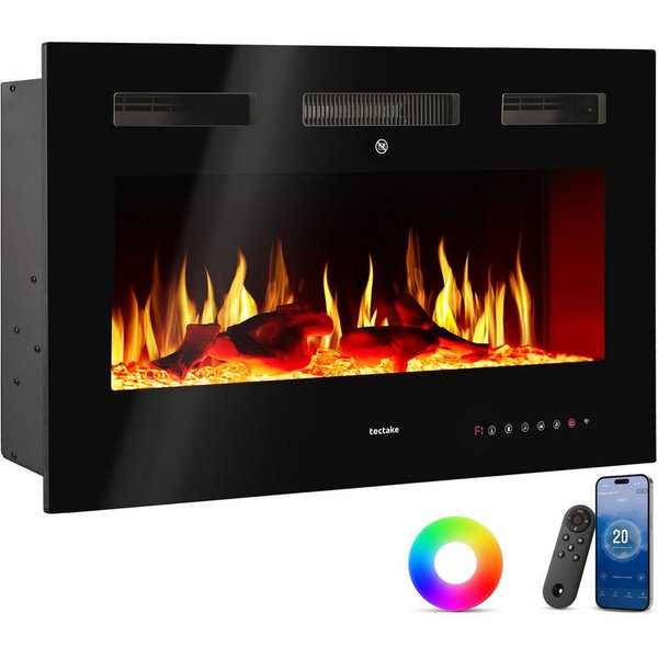 tectake Elektrokamin Wandkamin, App, Fernbed., Thermostat, 900/1800 W, Überhitzungsschutz, 3D-Flamme, Holz-/Glutoptik, Farbe/Helligkeit/Tempo, Fenstererkennung