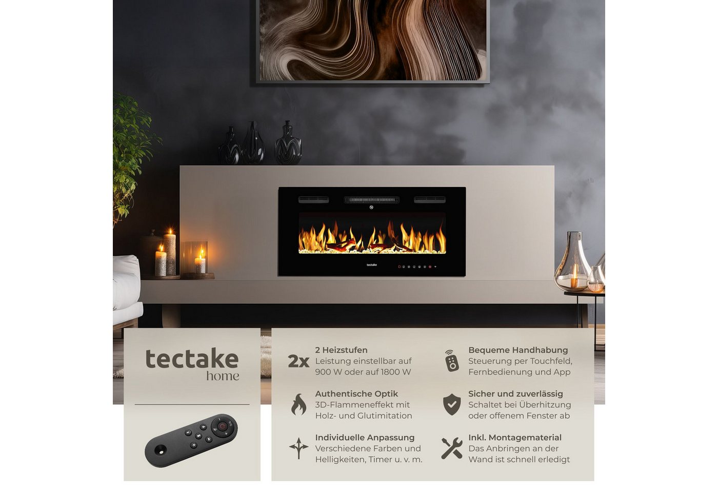tectake Elektrokamin Wandkamin, App, Fernbed., Thermostat, 900/1800 W, Überhitzungsschutz, 3D-Flamme, Holz-/Glutoptik, Farbe/Helligkeit/Tempo, Fenstererkennung – Bild 2 von 5