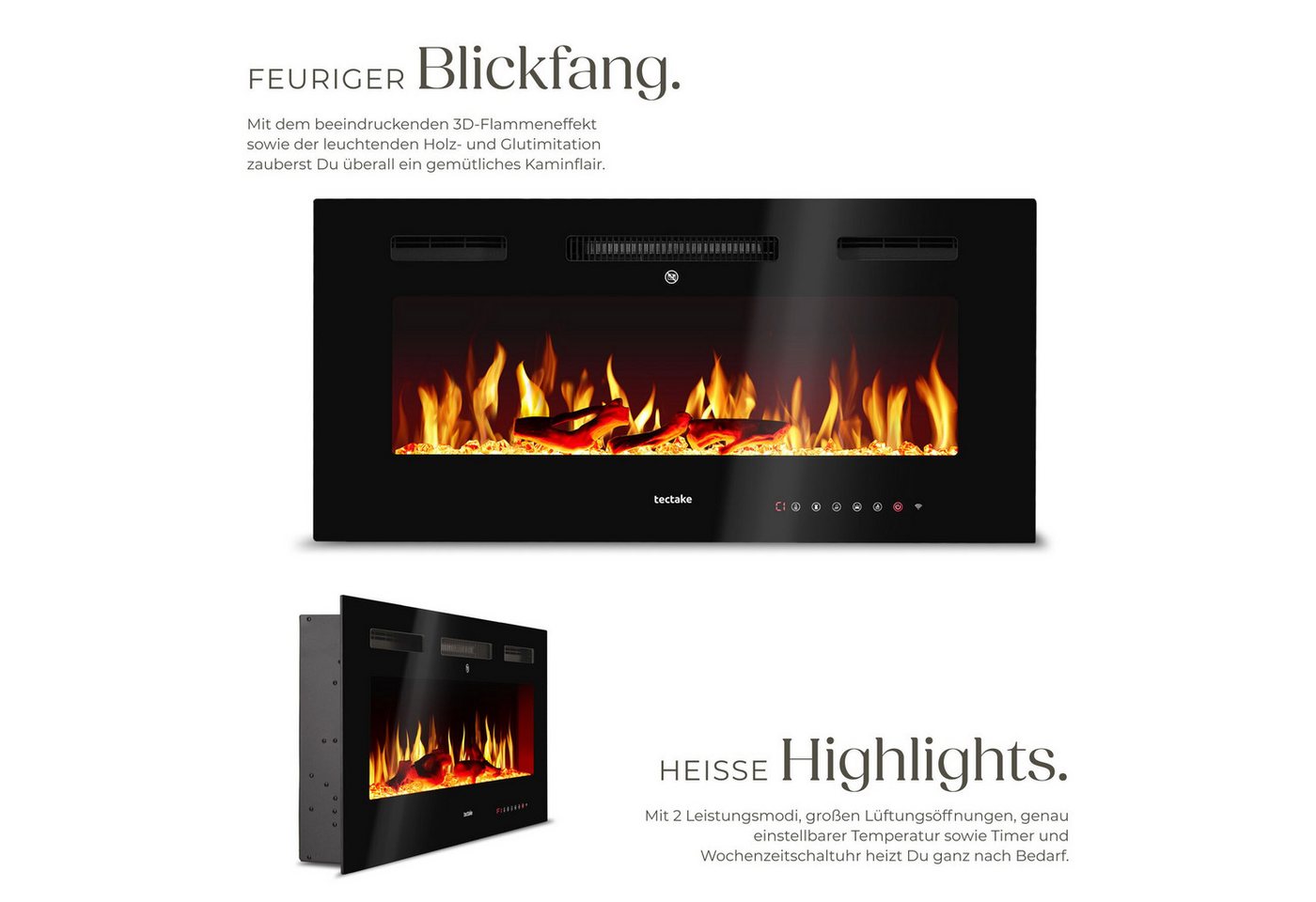 tectake Elektrokamin Wandkamin, App, Fernbed., Thermostat, 900/1800 W, Überhitzungsschutz, 3D-Flamme, Holz-/Glutoptik, Farbe/Helligkeit/Tempo, Fenstererkennung – Bild 3 von 5
