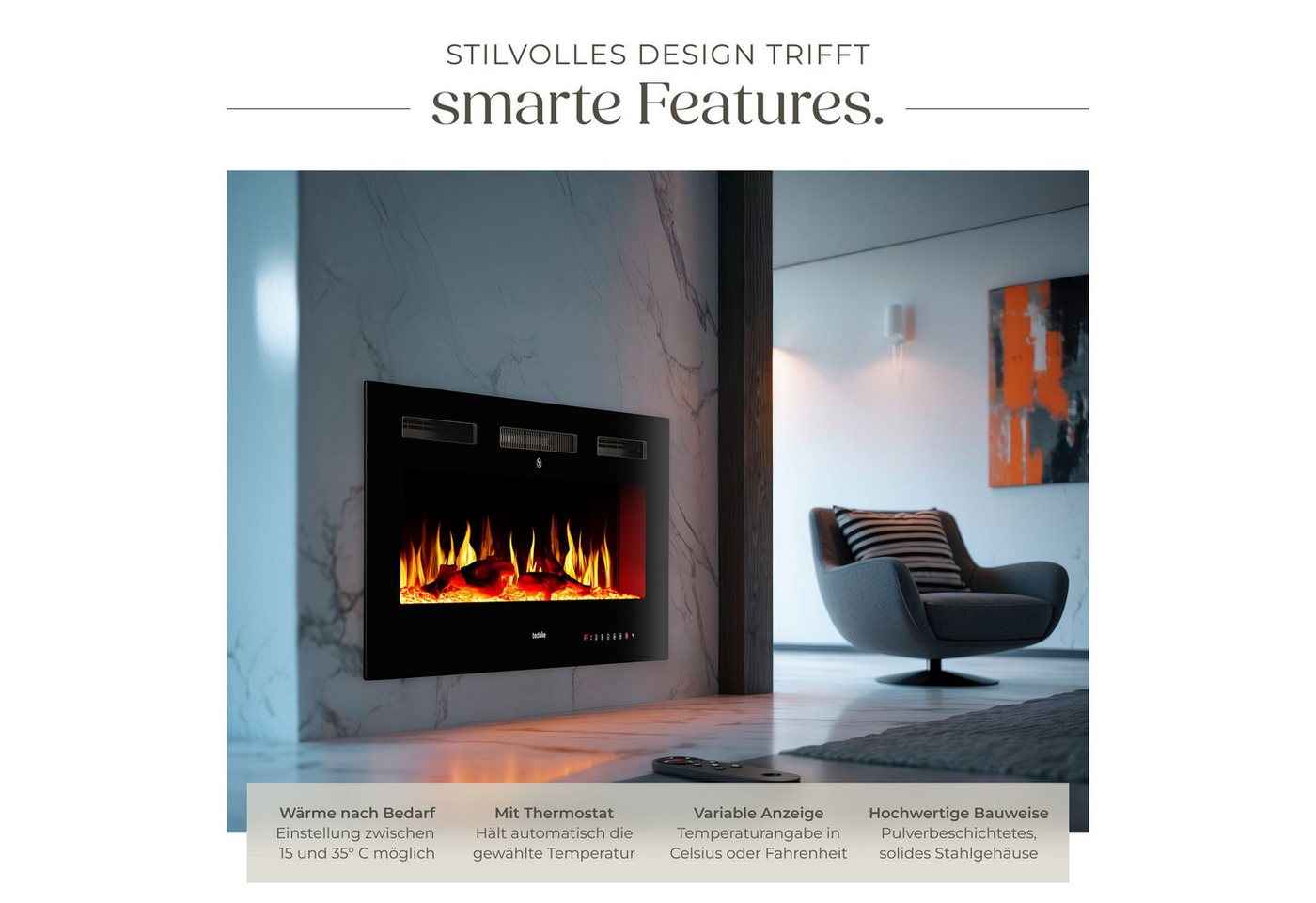 tectake Elektrokamin Wandkamin, App, Fernbed., Thermostat, 900/1800 W, Überhitzungsschutz, 3D-Flamme, Holz-/Glutoptik, Farbe/Helligkeit/Tempo, Fenstererkennung – Bild 4 von 5