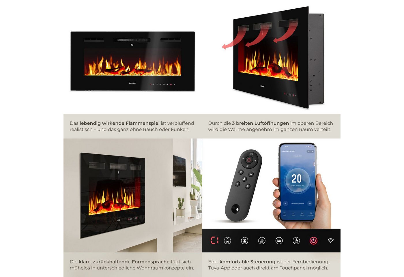 tectake Elektrokamin Wandkamin, App, Fernbed., Thermostat, 900/1800 W, Überhitzungsschutz, 3D-Flamme, Holz-/Glutoptik, Farbe/Helligkeit/Tempo, Fenstererkennung – Bild 5 von 5