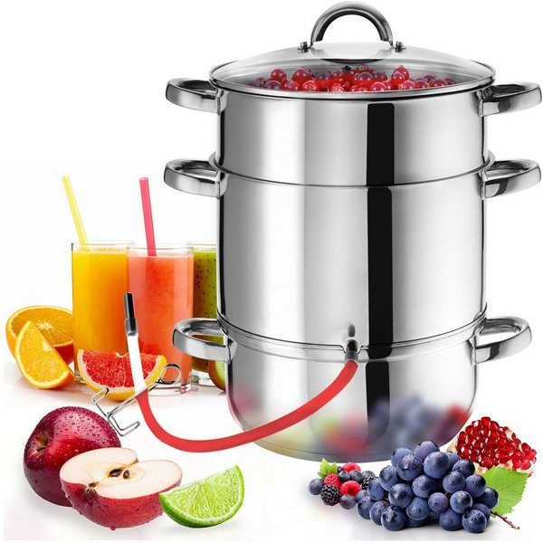 tectake Entsafter 7-tlg. Dampf-Saftbereiter Ø 26 cm aus Edelstahl, mit Glasdeckel, 0 W, 15 Liter, für Obst und Gemüse, induktionsgeeignet, spülmaschinenfest