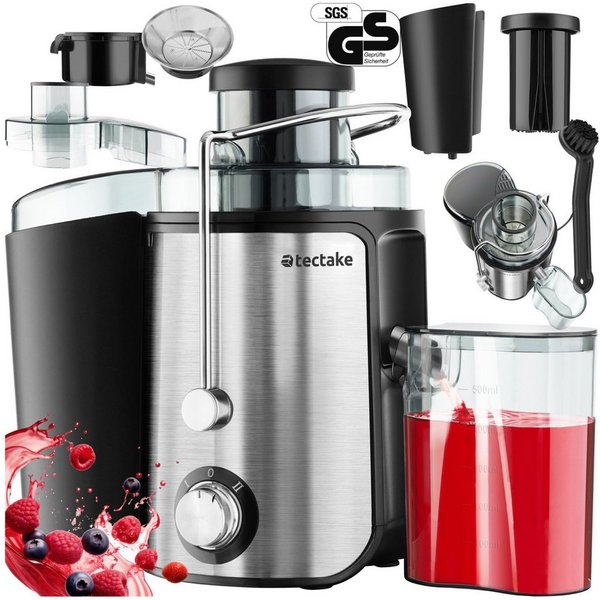 tectake Entsafter Saftpresse, 18 x 26 x 28,5, GS-Zertifikat, rutschfeste Gummifüße, 600 W, 600 W, 2 Geschwindigkeitsstufen, Edelstahlgehäuse, Reinigungsbürste