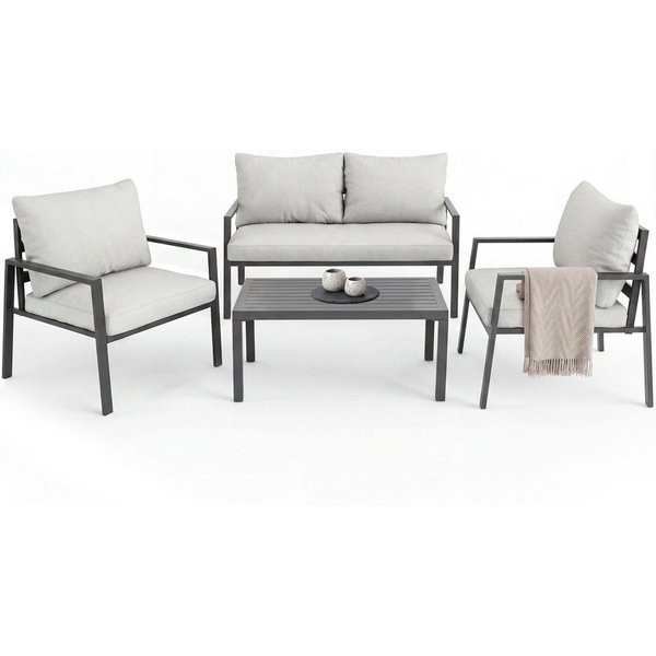 tectake Essgruppe Aluminium Sitzgruppe, Tisch mit Lamellenmuster, pflegeleichte Bezüge, (Gartentisch Göteborg, 4-tlg., in hellgrau), wetterfest, Dicke Sitzpolst