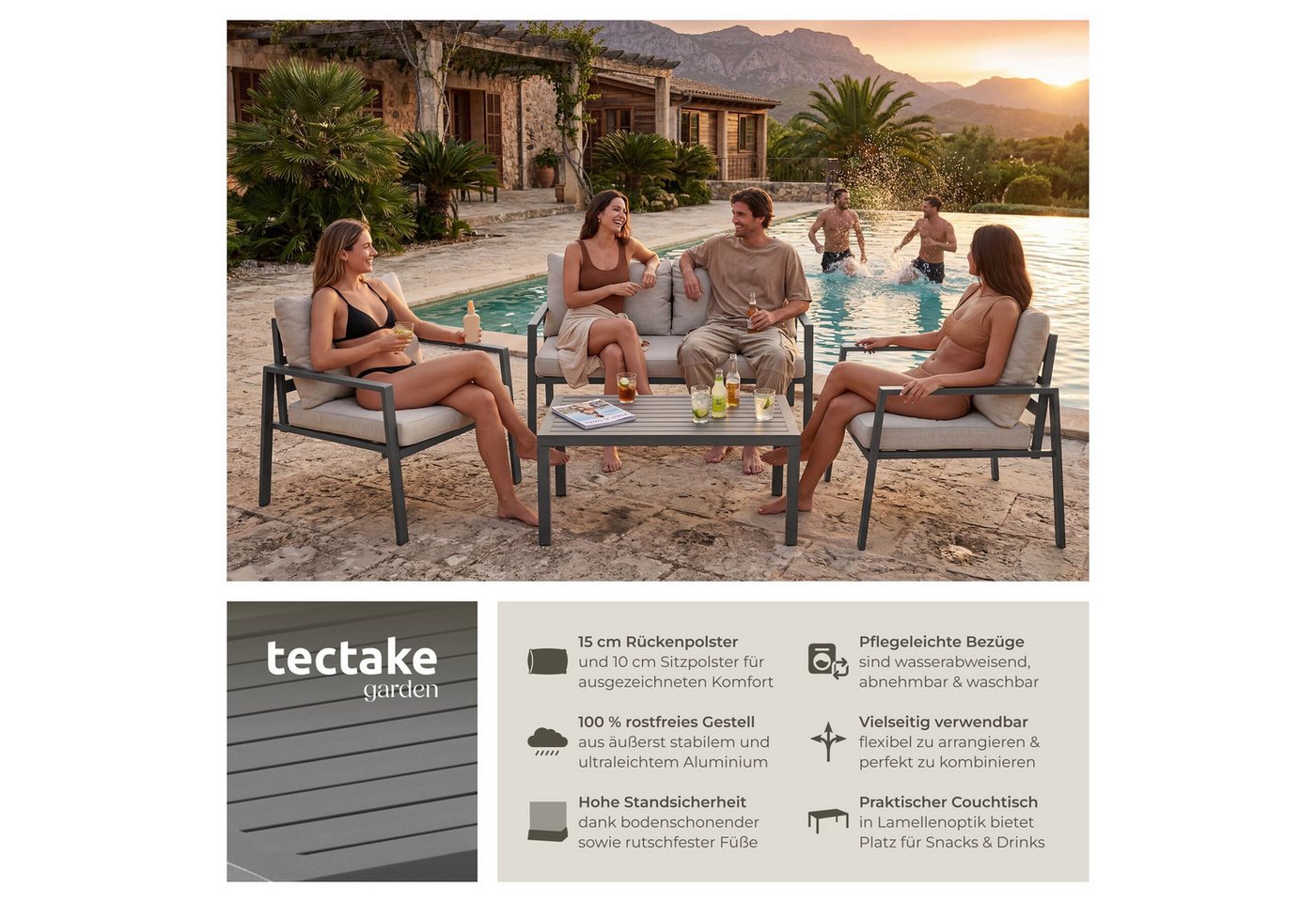 tectake Essgruppe Aluminium Sitzgruppe, Tisch mit Lamellenmuster, pflegeleichte Bezüge, (Gartentisch Göteborg, 4-tlg., in hellgrau), wetterfest, Dicke Sitzpolst – Bild 2 von 5