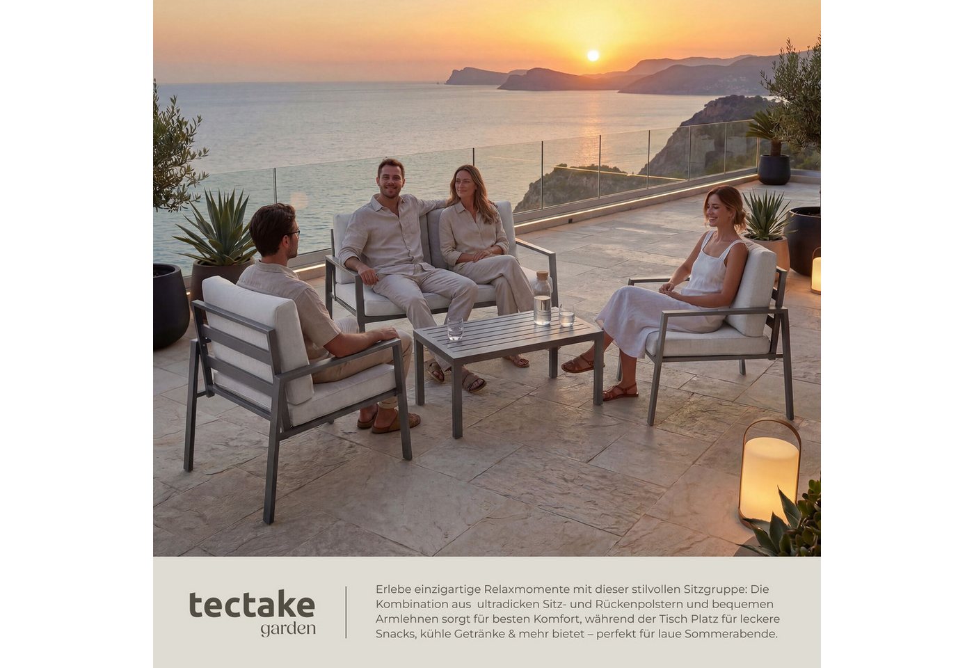 tectake Essgruppe Aluminium Sitzgruppe, Tisch mit Lamellenmuster, pflegeleichte Bezüge, (Gartentisch Göteborg, 4-tlg., in hellgrau), wetterfest, Dicke Sitzpolst – Bild 4 von 5