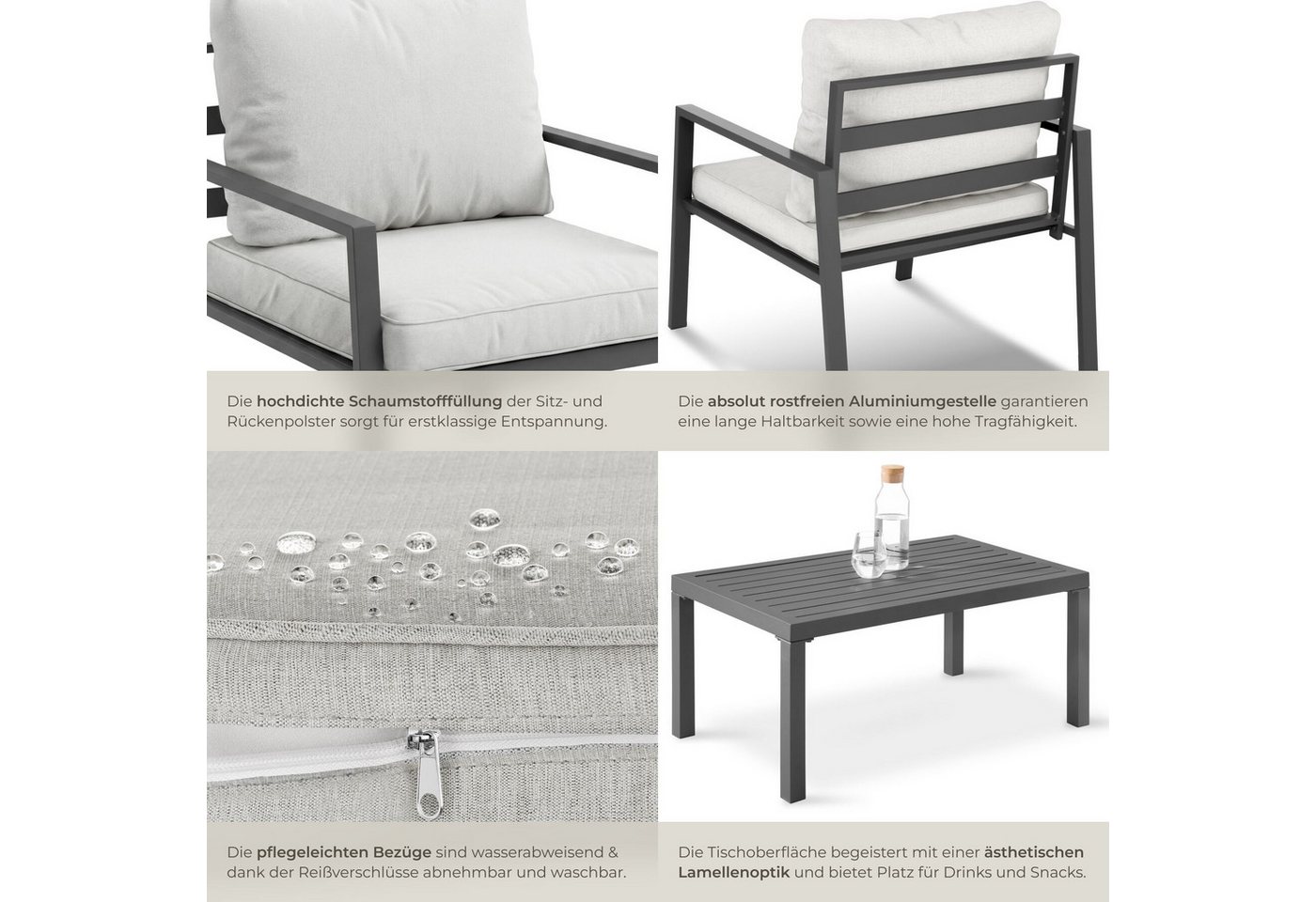tectake Essgruppe Aluminium Sitzgruppe, Tisch mit Lamellenmuster, pflegeleichte Bezüge, (Gartentisch Göteborg, 4-tlg., in hellgrau), wetterfest, Dicke Sitzpolst – Bild 5 von 5