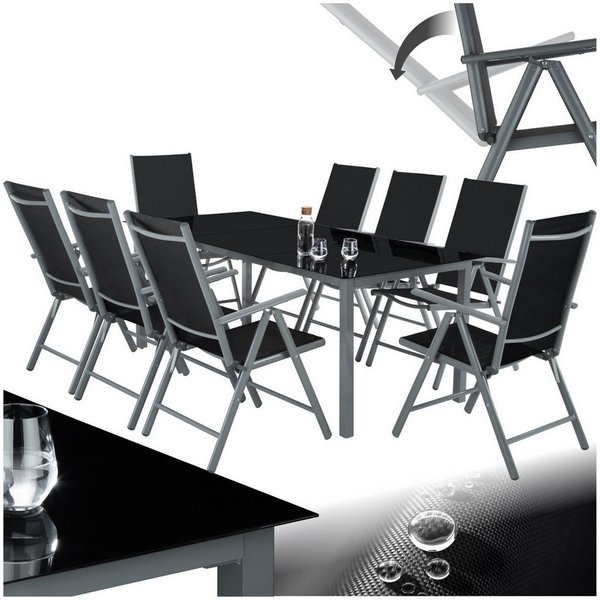 tectake Essgruppe Aluminium Sitzgruppe - Wetterfeste Gartenmöbel, (Loungeset Pompeii, 9-tlg., in Anthrazit), klappbare Stühle mit 8-fach verstellbarer Rückenleh