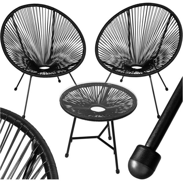 tectake Essgruppe Balkonset mit Sicherheitsglasplatte, Belastbarkeit Stuhl 120 kg, (Gartensessel, 3-tlg., in schwarz), Retro-Design im Acapulco-Stil, widerstand
