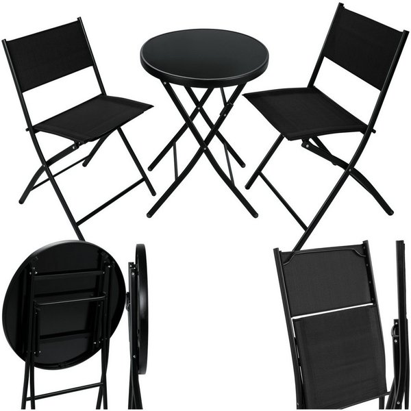 tectake Essgruppe Bistro-Set für 2 Personen, Tisch mit Sicherheitsglasplatte, (Gartenmöbel Düsseldorf, 3-tlg., in schwarz), klappbar, widerstandsfähig, UV-bestä