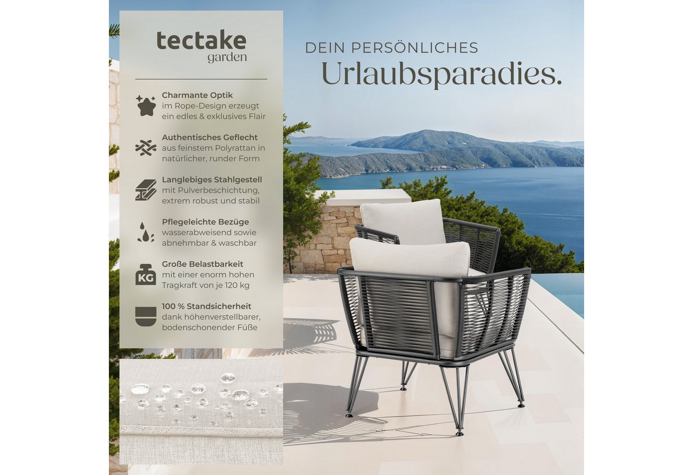 tectake Essgruppe Garten-Loungesessel, je 120 kg Belastbarkeit, 75,5 x 67 x 71 cm, (Gartensessel Sundo, 2-tlg., Rope-Design in anthrazit), Dicke Sitzpolster, ab – Bild 2 von 5