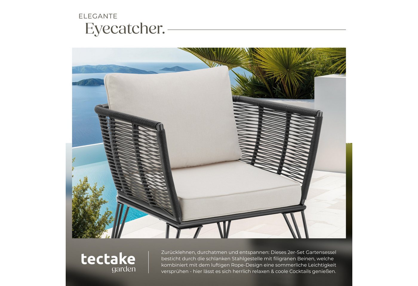 tectake Essgruppe Garten-Loungesessel, je 120 kg Belastbarkeit, 75,5 x 67 x 71 cm, (Gartensessel Sundo, 2-tlg., Rope-Design in anthrazit), Dicke Sitzpolster, ab – Bild 4 von 5