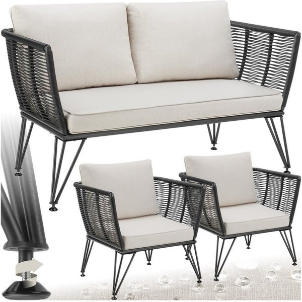 tectake Essgruppe Garten-Loungeset, höhenverstellbare Füße, abnehmbare Polyesterbezüge, (Sitzgruppe Sundo, 3-tlg., Rope-Design in anthrazit), 8 cm dicke Sitzpol