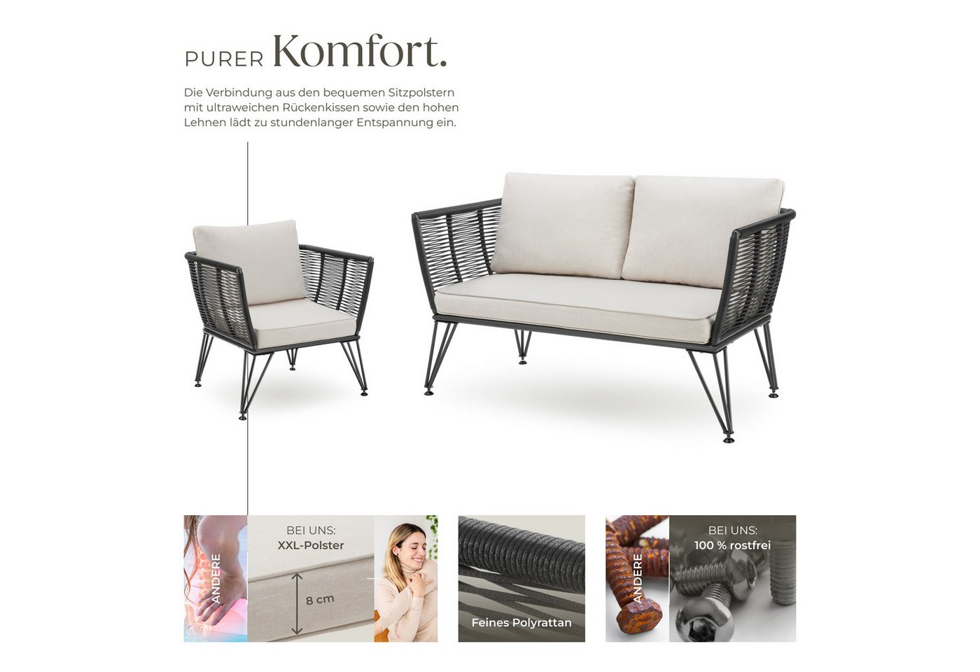 tectake Essgruppe Garten-Loungeset, höhenverstellbare Füße, abnehmbare Polyesterbezüge, (Sitzgruppe Sundo, 3-tlg., Rope-Design in anthrazit), 8 cm dicke Sitzpol – Bild 3 von 5