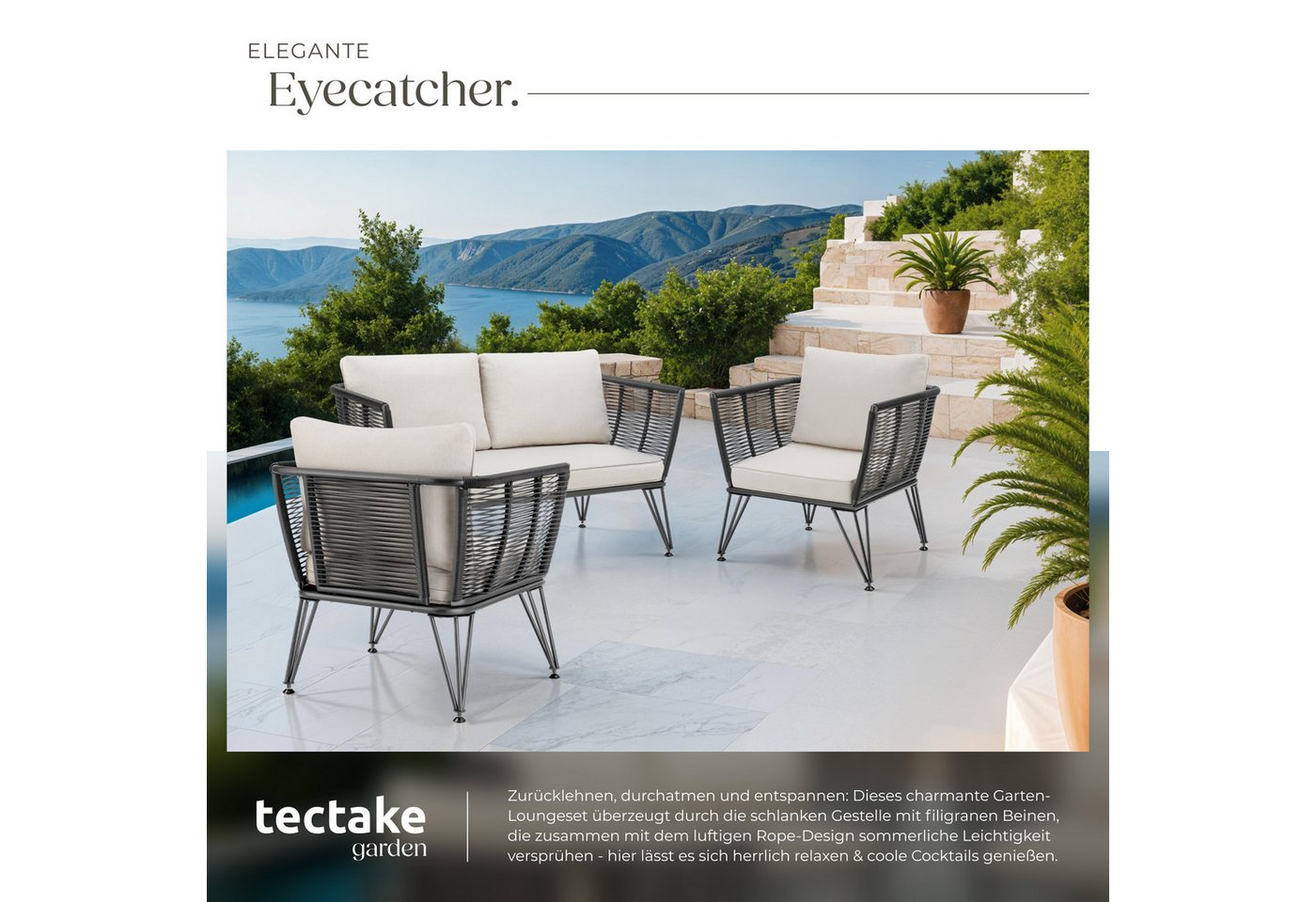 tectake Essgruppe Garten-Loungeset, höhenverstellbare Füße, abnehmbare Polyesterbezüge, (Sitzgruppe Sundo, 3-tlg., Rope-Design in anthrazit), 8 cm dicke Sitzpol – Bild 4 von 5