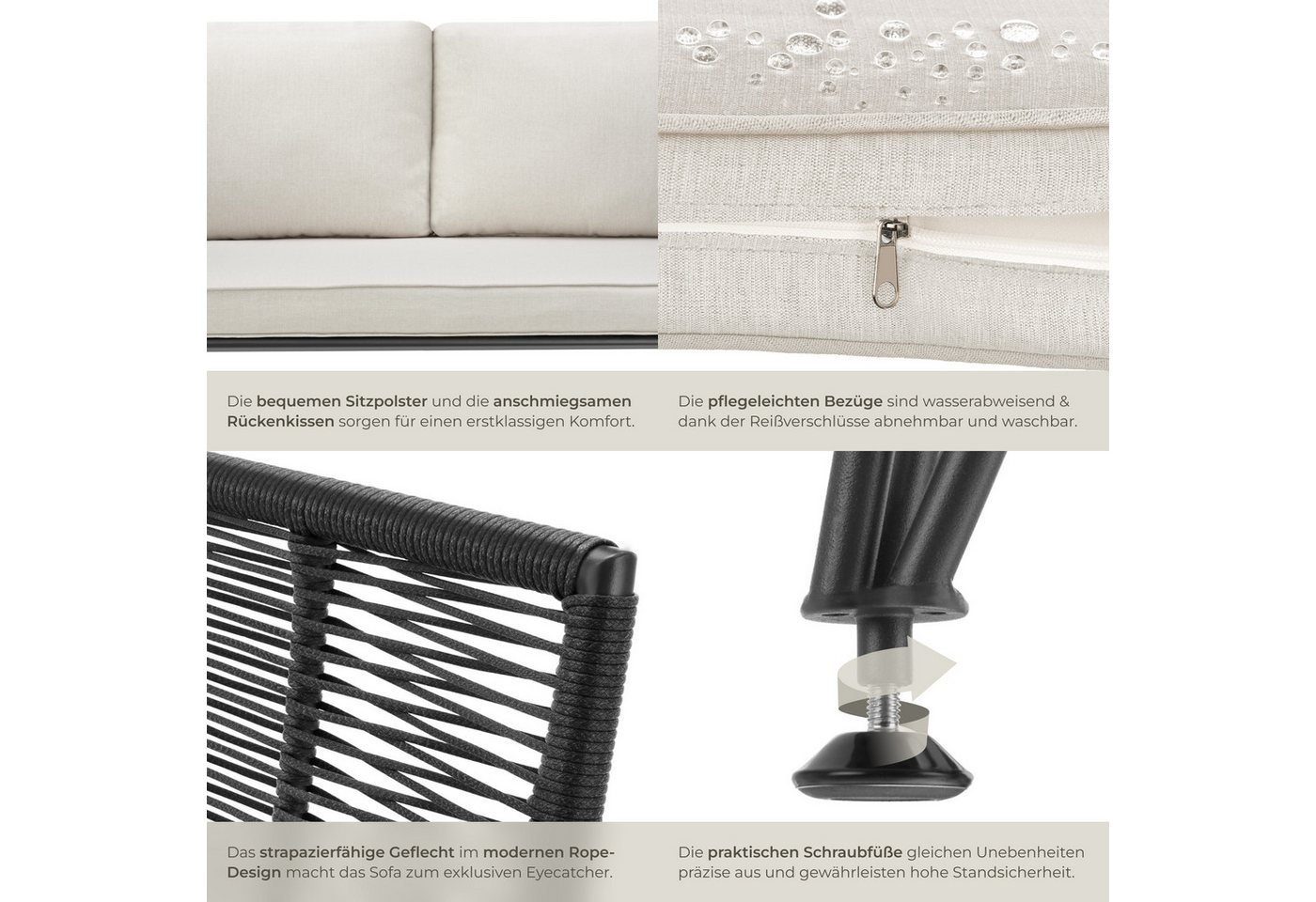 tectake Essgruppe Garten-Loungeset, höhenverstellbare Füße, abnehmbare Polyesterbezüge, (Sitzgruppe Sundo, 3-tlg., Rope-Design in anthrazit), 8 cm dicke Sitzpol – Bild 5 von 5
